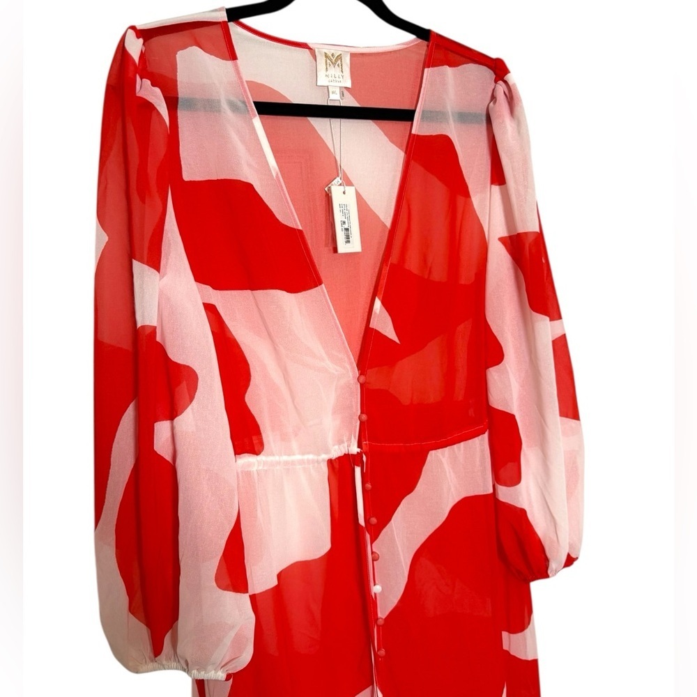 Milly Cabana Cover Up Dress Size M/L Red White Long Sleeve Sheer NWT - Picture 2 of 14
